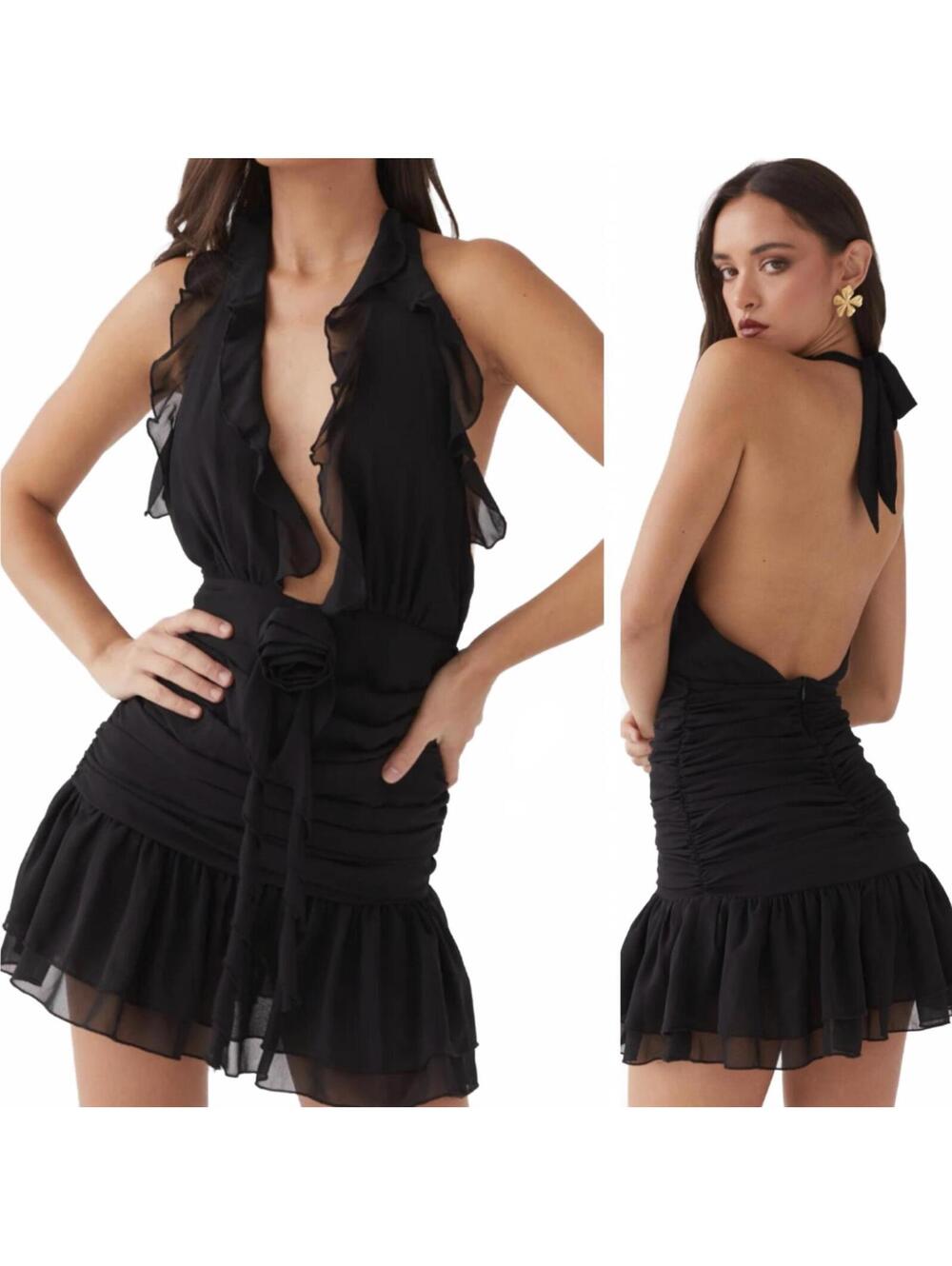 Black Ruffle Halter Mini Dress